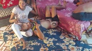 Slutty harlots in fishnets and buxom GF sharing gang screw foursome action