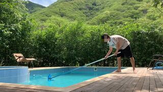 The guy who cleans the pool gets very hot when he sees his bosses tanning in the pool and they end u