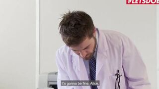 Slutty co-ed gets gangbanged by prof and med doc in steamy three-way fuck fest
