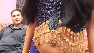 Sexy lady pleases 2 eager guys with her huge toy